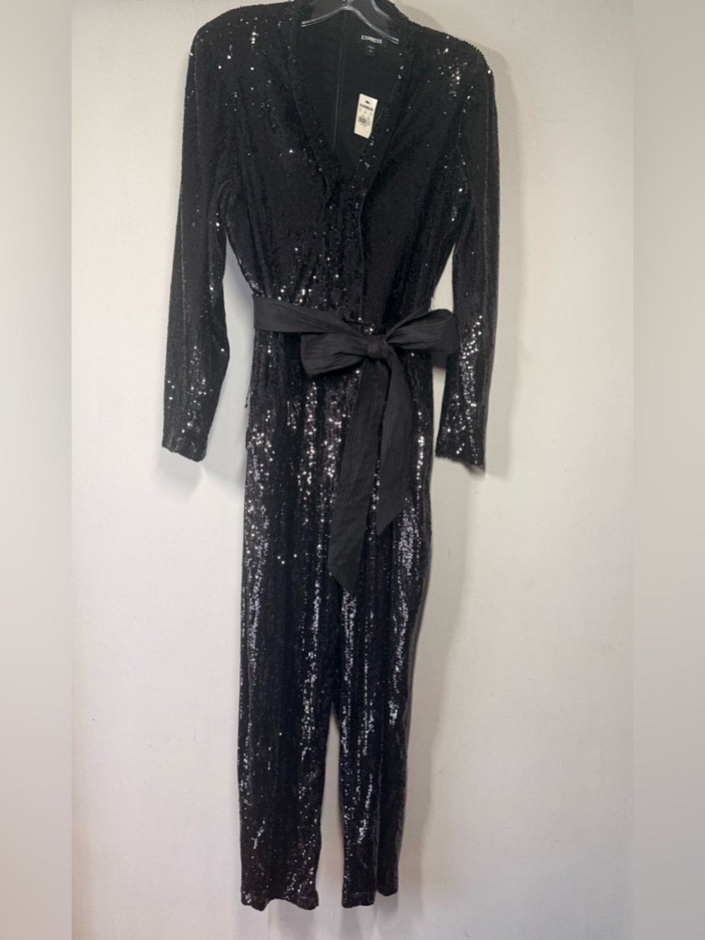 Express Elegant, Glamorous Black Evening Sequin Long-Sleeve Jumpsuit with Sash - Picture 2 of 6